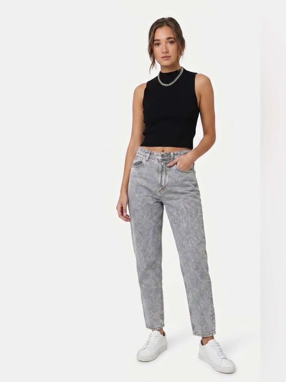 WeWoreWhat $138 W14” R11” I26.5”High Rise Acid Wash Grey Mom Jeans Size 27/4